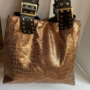 Bisou Bisou metallic croc print wide handle adjustable strap tote bag